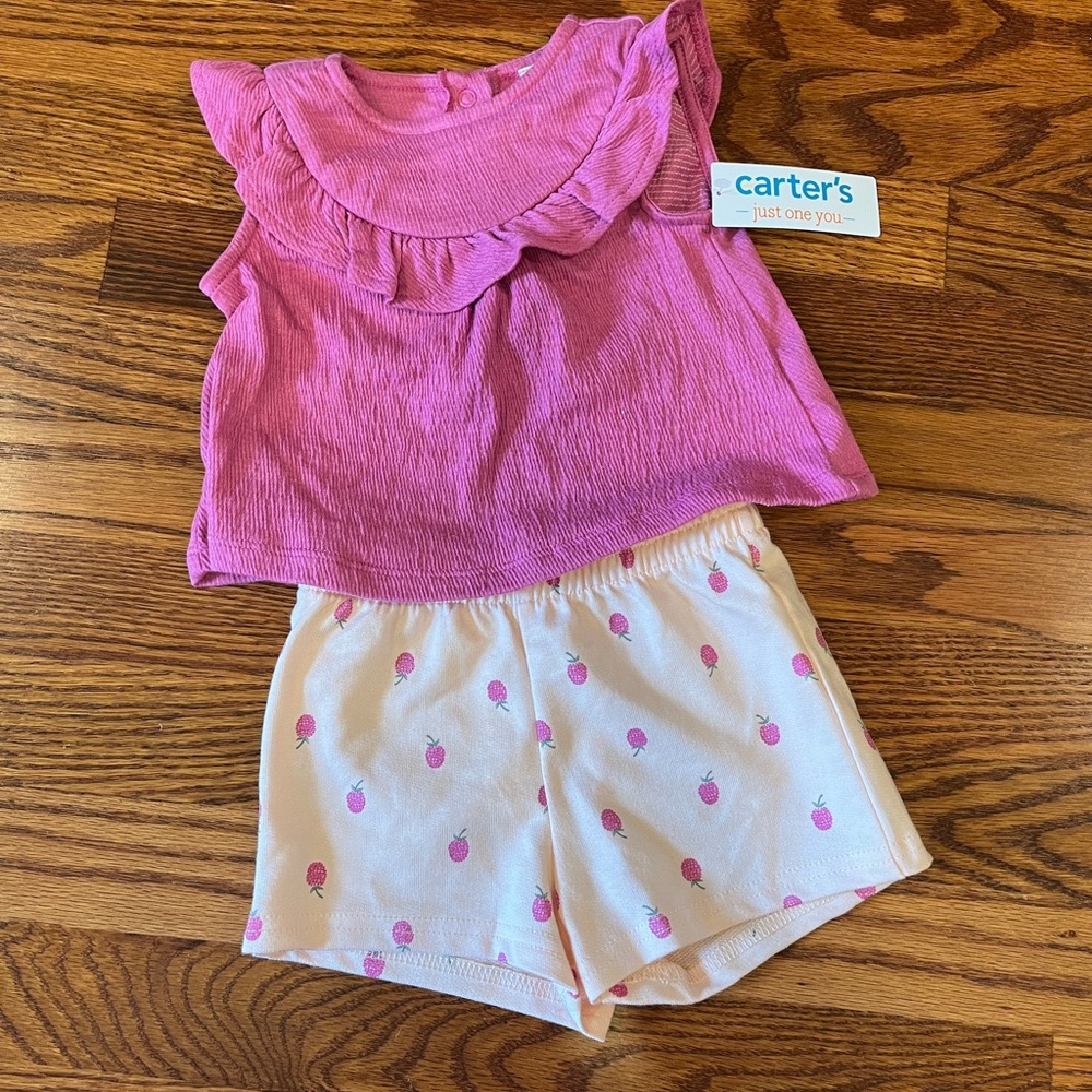 Carter's Two Piece Ruffle Top and Cream Raspberry Shorts Set